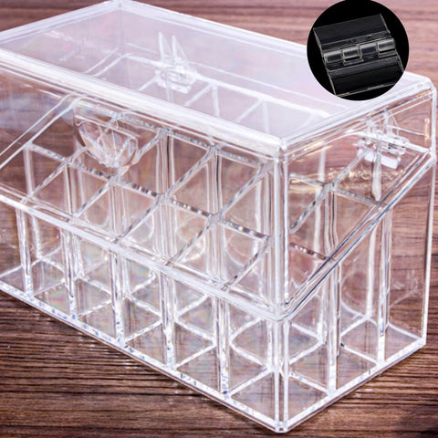 Clear box with 12 Pack Acrylic Clear Self Adhesive Small Hinges 35x30mm Piano Style Hinges shown installed on top lid.