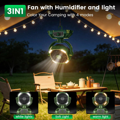 Portable Misting Fan With Four Mist Sprayers Rechargeable 9 Inch Oscillating Camp Fan hanging in lit outdoor tent scene