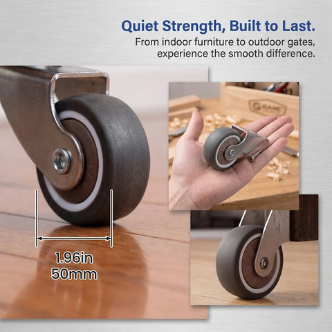 Two Inch Low Profile Door Support Wheels, Anti Sag Caster Rollers For Solid Wood Doors And Gates, Heavy Duty Grey Hardware Upgrade That Rolls Like Butter With Zero Sag on hardwood flooring.