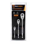 Three Piece Teardrop Ratchet Set With Quick Release 90 Tooth Narrow Low Profile Head For Tight Spots Fits One Quarter Inch Three Eighths Inch And One Half Inch Drive Ball Detent Socket Retention Keeps Sockets Locking In. Packaged set