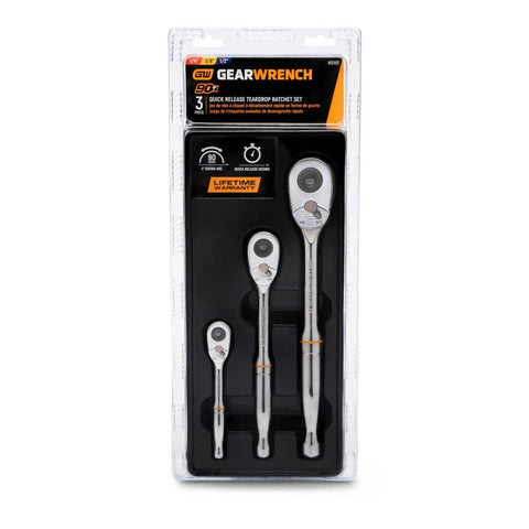 Three Piece Teardrop Ratchet Set With Quick Release 90 Tooth Narrow Low Profile Head For Tight Spots Fits One Quarter Inch Three Eighths Inch And One Half Inch Drive Ball Detent Socket Retention Keeps Sockets Locking In. Packaged set