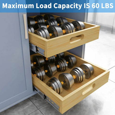 Slick Sliding Soft Close Drawer Organizers, Heavy Duty Wood Pull Out Shelves For Kitchen Base Cabinets And Pantry, pre assembled drawers holding weights.