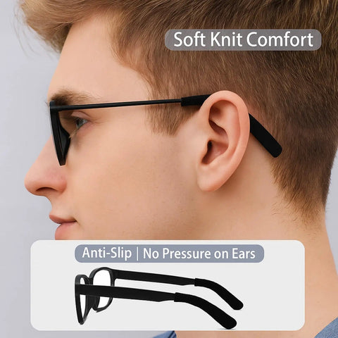 Person wearing Smart Glasses Accessory Kit with non-slip nose pads and temple tips for comfort