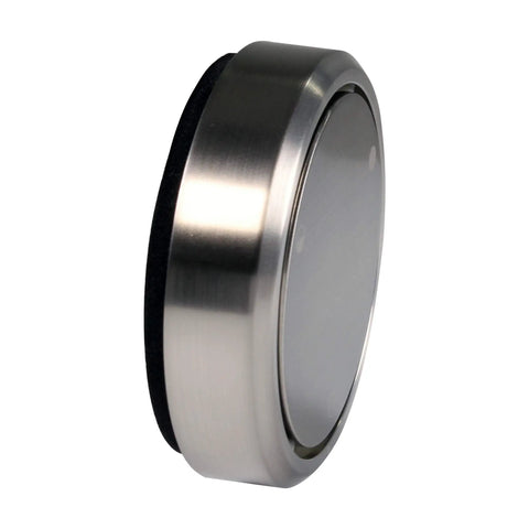 Deep Soak Round 2-Hole Bathtub Overflow Cover With Full Closure Satin Nickel Finish Universal Fit For Most Standard Tubs Sleek Round Design For A Luxury Bath Upgrade viewed from side
