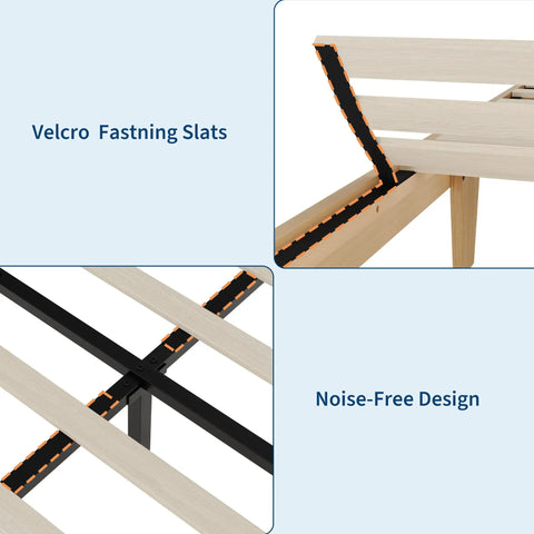 Queen Wood Platform Bed Frame With Solid Wooden Legs And Heavy Duty Slat Support For A Room Refresh Clean Slick Lines Natural Finish Space Saving Setup That Brings Chill Vibes And Hella Comfort All Through The Night showcasing velcro fastening slats and noise-free design.