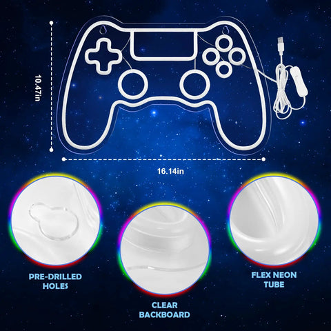 Neon Game Controller LED Sign For Gaming Room Decor, USB powered, clear design, pre-drilled holes, flex neon tube, 16.14 x 10.47 inches