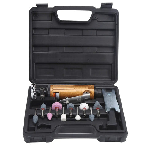 Nuts And Bolts Air Die Grinder Boasting 22000 RPM For Fast Metal Grinding And Precision Polishing in a sturdy case with attachments.