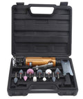 Straight Handle Air Die Grinder With A Rock Solid Grip That Lets You Polish And Grind Quick At 22000 Rpm Heavy Duty Pneumatic Engraving Tool in a tool case with various grinding bits.