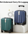 14 Inch Underseat Carry On Luggage With Wheels Hard Shell Carry On Suitcase Lightweight Weekender Travel Bag That Fits Under Most Airline Seats Dark Blue shown next to a vase.