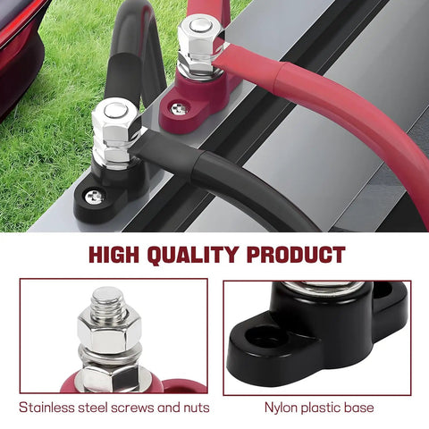 Two Pack Insulated Battery Terminal Block With Single Stud Posts For 12 Volt Systems Five Sixteenth Inch Cable Junction Block Distribution Busbar For Cars Boats And Marine Rigs Positive And Negative Posts black and red cable terminals with nylon base