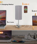 Three Way Dimmable Touch Lamps For Bedrooms Set Of 2 With USB C Ports And Outlets, modern grey lamp charging devices.