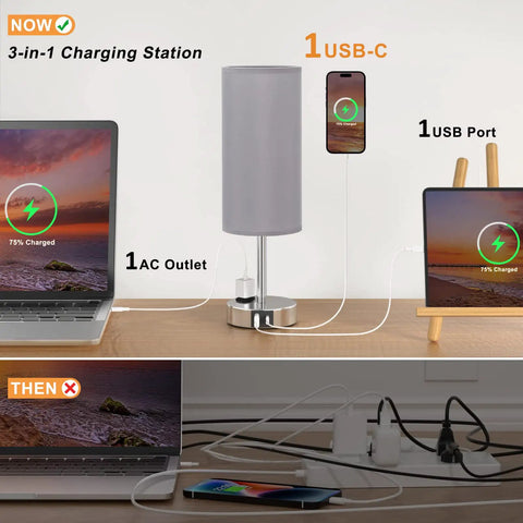 Three Way Dimmable Touch Lamps For Bedrooms Set Of 2 With USB C Ports And Outlets, modern grey lamp charging devices.