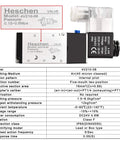 Industrial 6 Port 5/2 Way Pneumatic Solenoid Valve With 24V DC Coil, product specifications and model details visible.