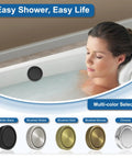 Slick Matte Black Tub Overflow Cover For Traditional Standard Bathtubs No Hassle Two Screw Bolt Mount Beefy Hard ABS Plastic Drain Plate 3 Point 55 Inch Circular Faceplate Modern Bath Refresh with woman in bathtub.
