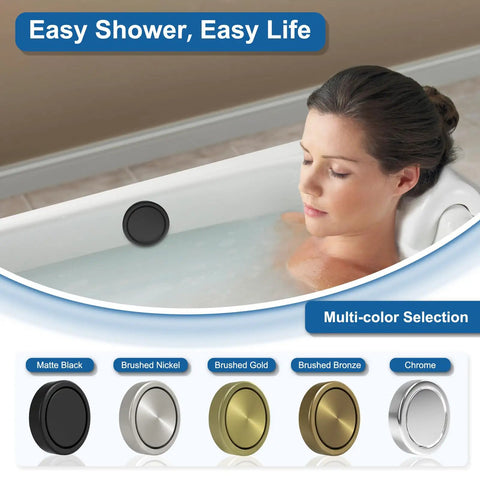 Slick Matte Black Tub Overflow Cover For Traditional Standard Bathtubs No Hassle Two Screw Bolt Mount Beefy Hard ABS Plastic Drain Plate 3 Point 55 Inch Circular Faceplate Modern Bath Refresh with woman in bathtub.