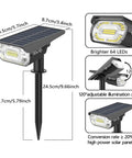 Diagram of Solar Spotlight Outdoor 1000 Lumens 64 LEDs IP67 Waterproof with dimensions, showing adjustable angle and solar panel.