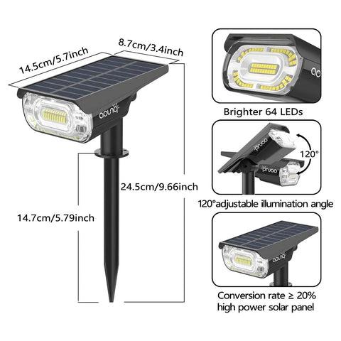 Diagram of Solar Spotlight Outdoor 1000 Lumens 64 LEDs IP67 Waterproof with dimensions, showing adjustable angle and solar panel.