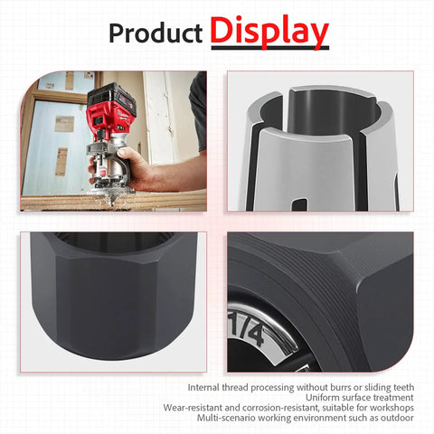 Product display featuring a self-releasing collet and locking nut assembly for 1/4 inch routers, highlighting 6.35mm fit and durability.