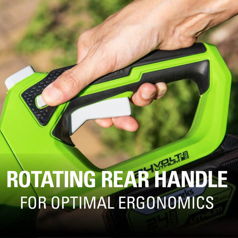 Close-up of ergonomic rotating rear handle on 24V Cordless 22 Inch Laser Cut Hedge Trimmer Tool Only With Dual Action Steel Blades