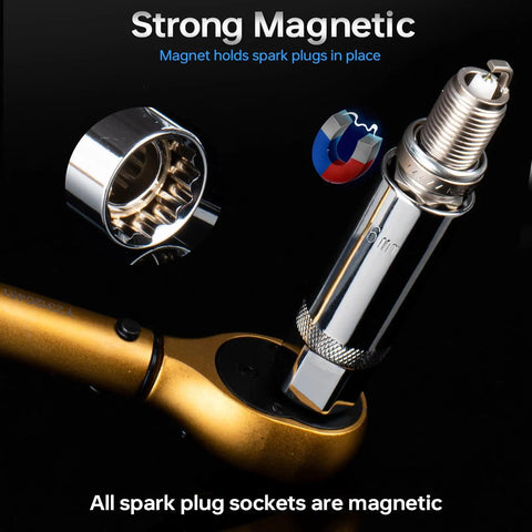 Three Eighth Inch Drive Torque Wrench Set With Magnetic 12 Point Spark Plug Sockets 14Mm And 16Mm Spark Plug Gap Tool Five To Fifty Foot Pounds 72 Tooth Ratchet For Auto Repair showing magnetic socket holding spark plug.