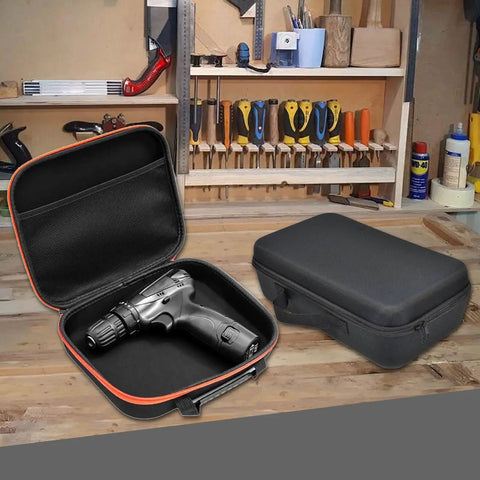 Heavy Duty Drill Gear Storage Organizer Case With Reinforced Ergonomic Handle And Customizable Dividers Three Capacity Options For Power Drills Grinders Screws And Small Tools In Lightweight Oxford Fabric, open and closed view on workshop table, containing a drill.