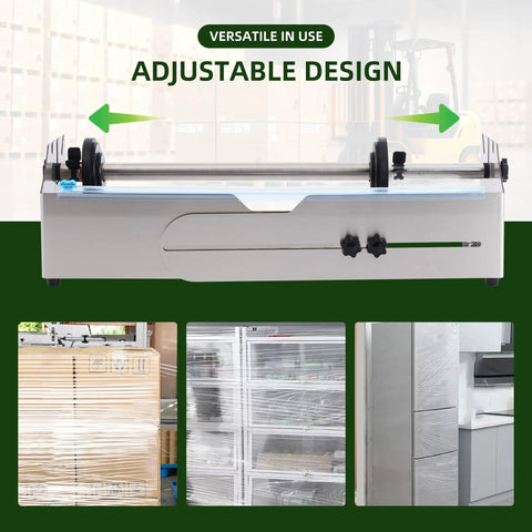 Heavy Duty Stainless Steel Tabletop Stretch Film Dispenser With Smooth Slide Cutter For 16 To 26 Inch Plastic Wrap Rolls in adjustable design.