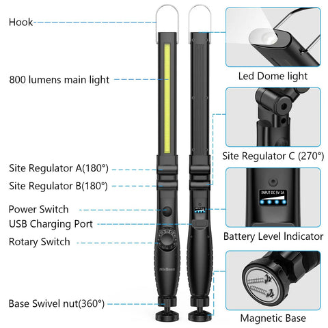 Dual COB And Flashlight LED Work Light 800 Lumen Front, 150 Lumen Top, Foldable Rechargeable With Magnetic Base diagram
