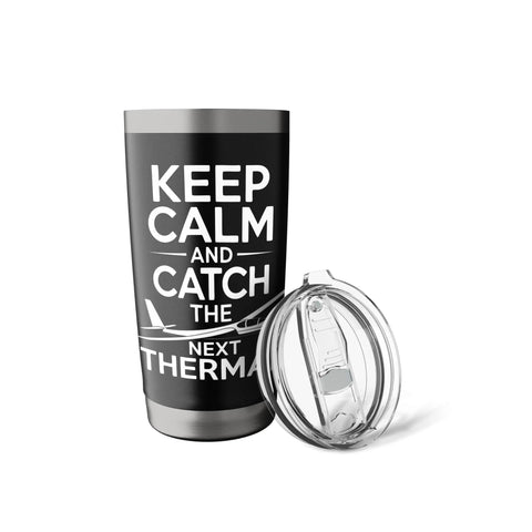 Black insulated tumbler with 'Keep Calm and Catch the Next Thermal' text, lid off. Glider Pilot Insulated Stainless Steel Tumbler For Sailplane Club Members Double Wall Vacuum Keeps Drinks Hot Or Cold Ideal For Towplane Launches Final Glide Focus Training Schools And Weekend Aero Tow Crews.