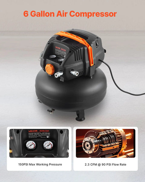 6 Gallon Pancake Air Compressor With 1.7HP Oil Free Motor 2.3CFM At 90 PSI And 1.94CFM At 120 PSI 150 PSI Max Portable