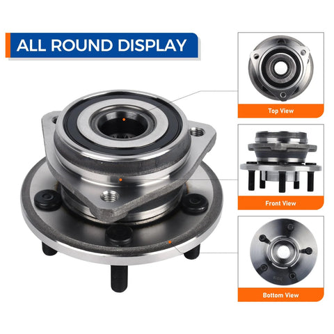 Front Wheel Hub And Bearing Assembly Direct Fit For 1999-2001 Jeep Cherokee 2000-2006 Jeep TJ And 1999-2006 Wrangler Easy Install Durable Replacement To Improve Steering And Ride Quality shown in top, front, and bottom views