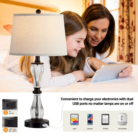 Three Way Dimmable Touch Control Glass Table Lamps Set Of Two With USB Ports And AC Outlet, 26 Inch Bedside Lamp with family