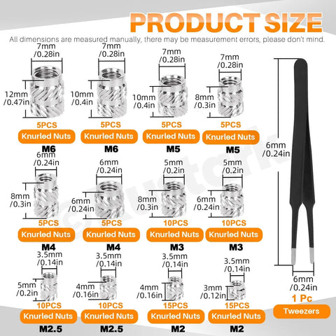 101 Piece M2 To M6 Heat Set Threaded Inserts Kit With Tweezers For Plastic And 3D Printing, 303 Stainless Steel Female Thread Inserts In 12 Sizes, Knurled Nuts For Stronger, DIY Maker Projects.