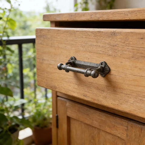 Cast Iron Barn Door Handle 2 Pack Rustic Vintage Style installed on wooden cabinet