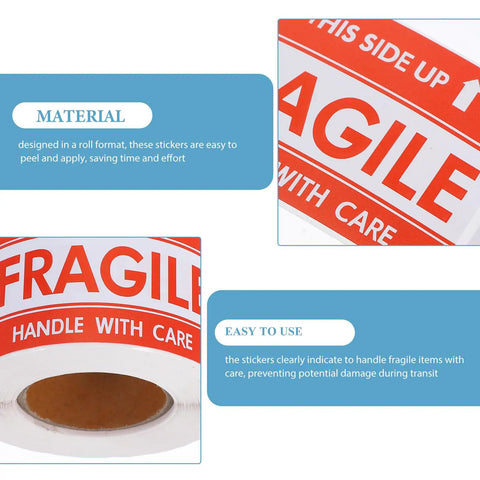 Fragile Red Shipping Labels With High Visibility And Strong Adhesive, Paper Warning Stickers On Rolls For Small Business Packaging