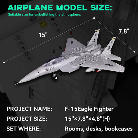 Dope F15 Eagle Fighter Jet Model Kit With Display Stand, dimensions 15x7.8 inches, shown with size guide and labels.