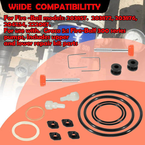 Heavy Duty Repair Kit for Graco Fire Ball 300 5 to 1 Pumps Fits Fire Ball Pro Grade Upgrade 203857 203872 203876 204254 222087 Includes Upper and Lower Seal Assemblies Viton and Urethane Parts, seal kit parts shown