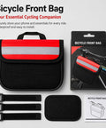 Large Bike Frame Bag For Bikepacking With Rain Cover And Reflective Triangle Bag 16x13x5 CM Zipper Pouch All In One Red Mounting System For Mountain Bikes Water Resistant Textile Secure Quick Access next to its packaging and mounting straps on a gray background.