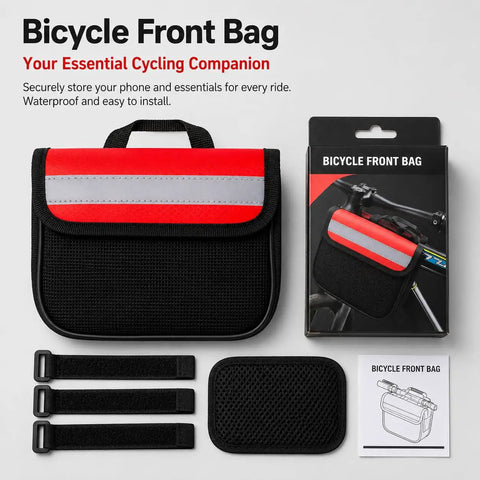 Large Bike Frame Bag For Bikepacking With Rain Cover And Reflective Triangle Bag 16x13x5 CM Zipper Pouch All In One Red Mounting System For Mountain Bikes Water Resistant Textile Secure Quick Access next to its packaging and mounting straps on a gray background.