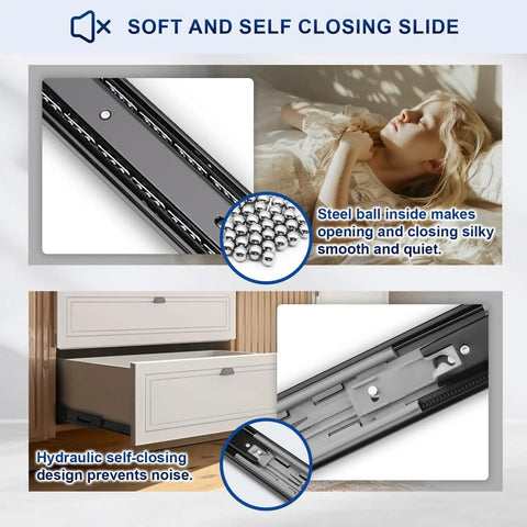 Close-up view of a Pair Of 24 Inch Soft Close Drawer Slides With Ball Bearing Full Extension For Dresser Drawers Side Mount Heavy Duty Black Glides For Smooth Quiet Opening And Closing