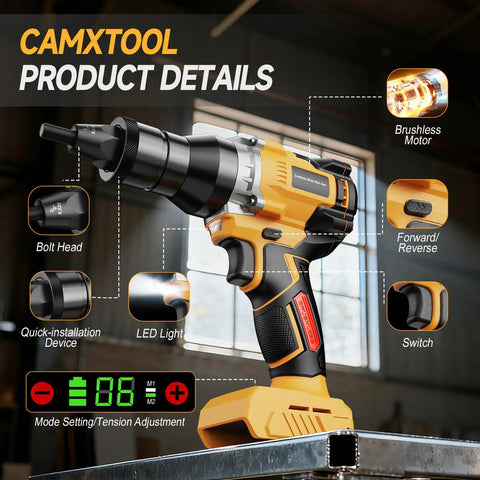 Cordless Rivet Nut Gun For 20V Max Batteries Tool Only showing brushless motor and LED light, mode settings displayed