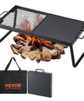 Foldable Campfire Grill With Legs Heavy Duty Steel Mesh Grate 22.4 Inch Portable Open Flame Grilling Rack Includes Carry Bag Camping Gear For Outdoor Cooking Over A Fire Pit, showing open fire, folded grill, and carry bag.