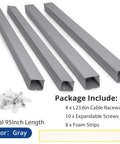 Pro Grade Cable Management Raceway Kit for Server Racks, 95In Total Open Slot PVC Wire Hider, shown with screws and foam strips.