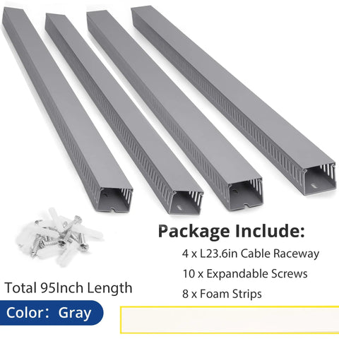 Pro Grade Cable Management Raceway Kit for Server Racks, 95In Total Open Slot PVC Wire Hider, shown with screws and foam strips.