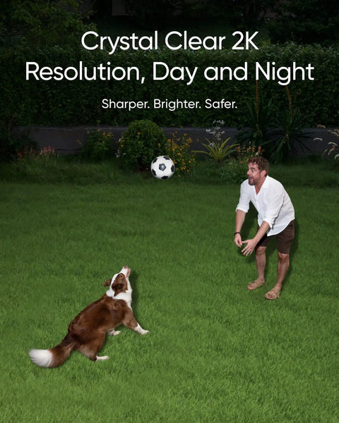 Man playing fetch with dog at night under Outdoor Floodlight Security Camera With 360 Degree Pan And Tilt, 2K Video, AI Detection