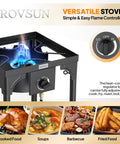 Image of a 100,000 BTU Portable Gas Camping Stove With Regulator showing blue flame, control knob, and various meal options.