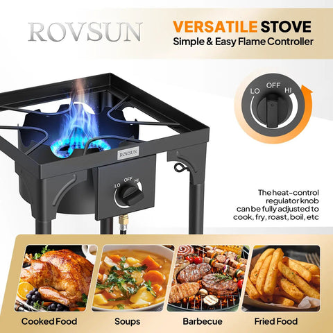Image of a 100,000 BTU Portable Gas Camping Stove With Regulator showing blue flame, control knob, and various meal options.