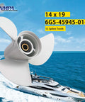 14x19 Aluminum Boat Propeller For Yamaha Outboards 150-300 HP Right Hand Rotation Three Blade OEM Upgrade floating above ocean scene