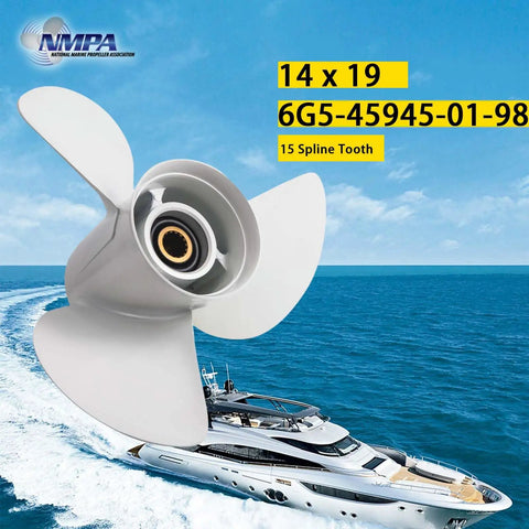 14x19 Aluminum Boat Propeller For Yamaha Outboards 150-300 HP Right Hand Rotation Three Blade OEM Upgrade floating above ocean scene