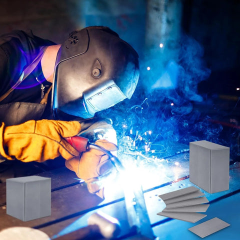 Welding practice kit: 24-piece set with gray 16-gauge steel coupons and a magnetic holder, shown with welder.