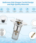 Bathroom Sink Stopper and Pop Up Drain Strainer, brushed silver with stainless steel filter, fits 1.06 to 1.5 inch pipes.